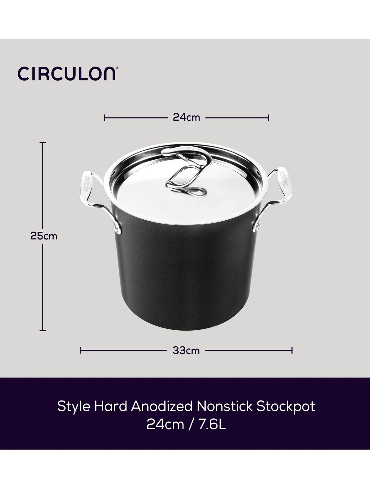Circulon Grey Style Hard Anodised Stockpot 24cm with Stainless Steel Lid