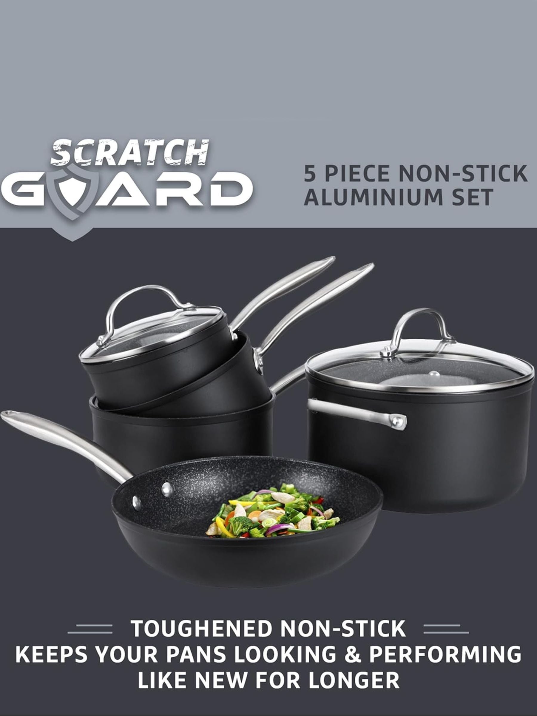 Prestige 5 Piece Grey Scratch Guard Non-Stick Aluminium Cookware Set, imported from the UK