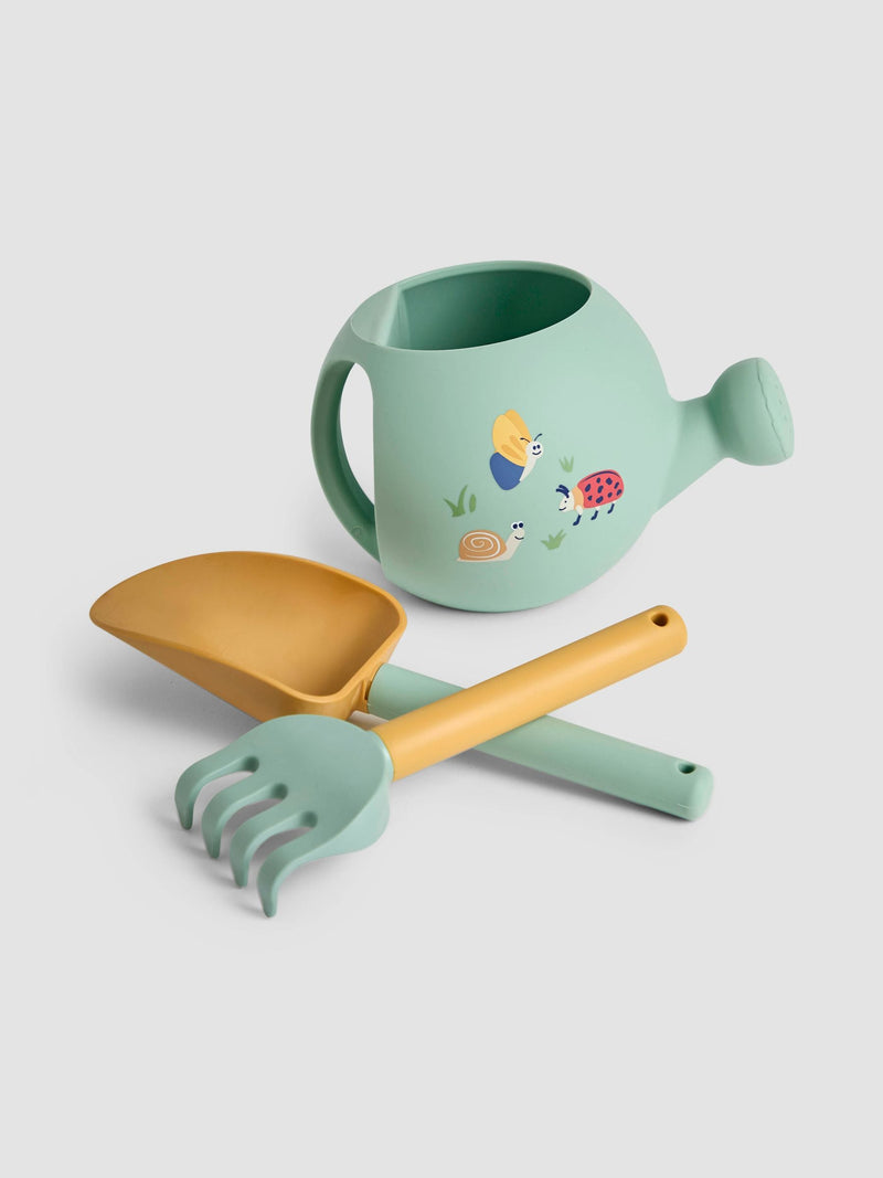 JoJo Maman Bébé silicone gardening set with watering can and trowel (British brand)