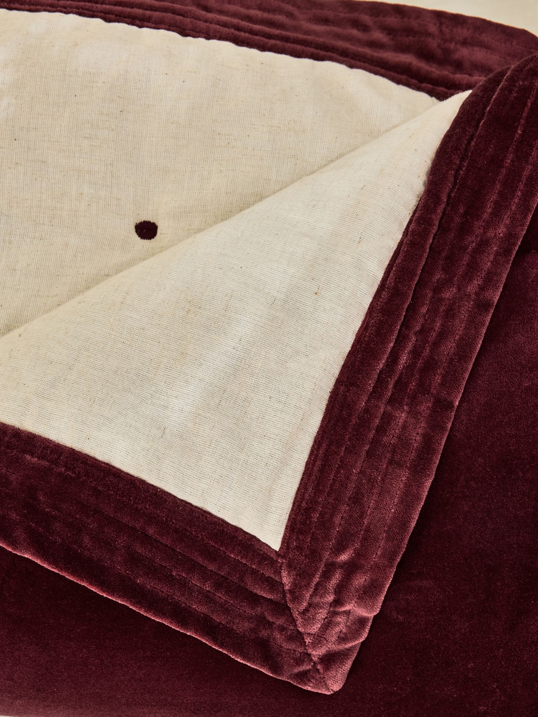 French Connection burgundy washed cotton velvet quilted bedspread, imported from the UK