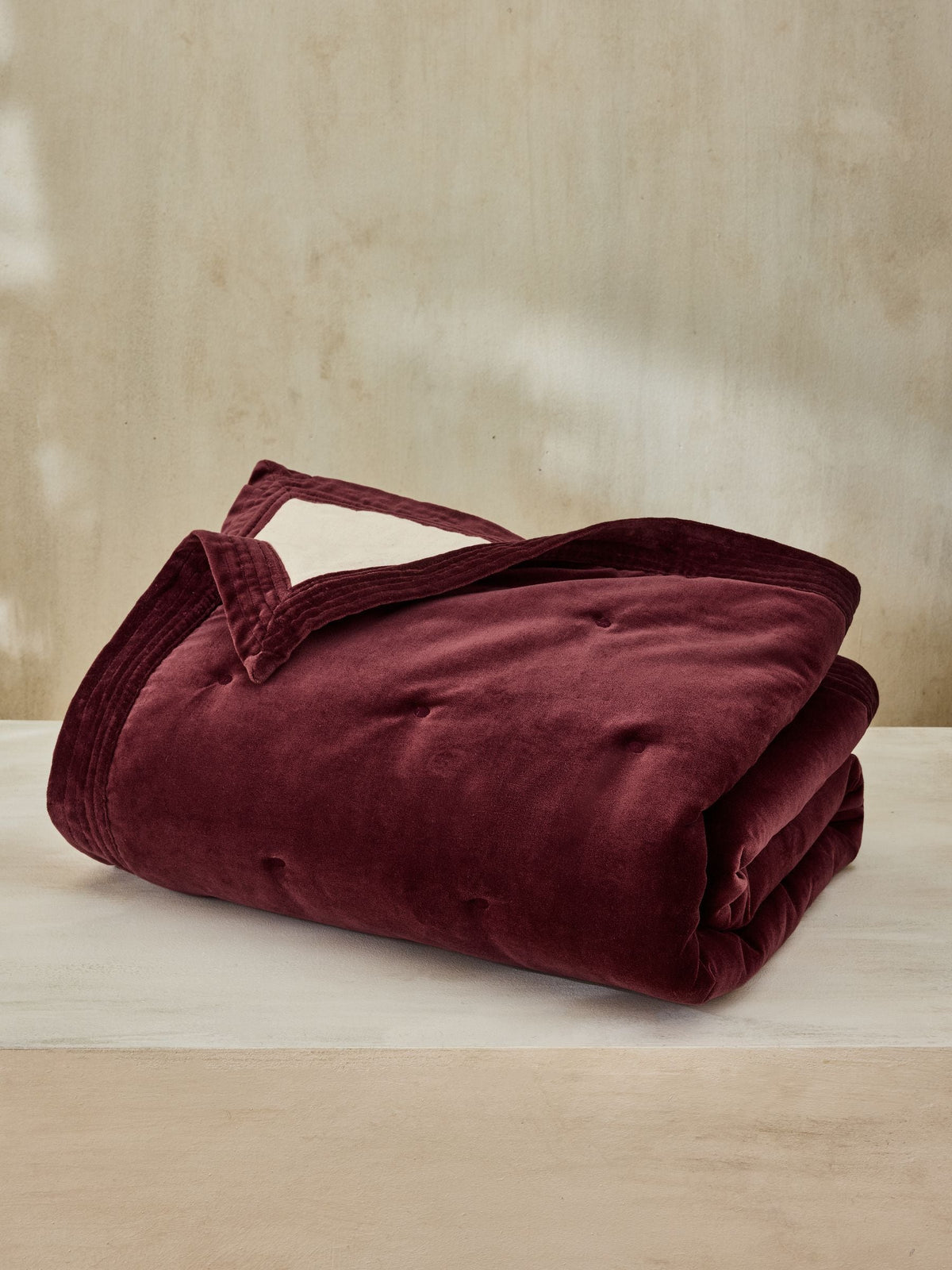 French Connection burgundy washed cotton velvet quilted bedspread, imported from the UK