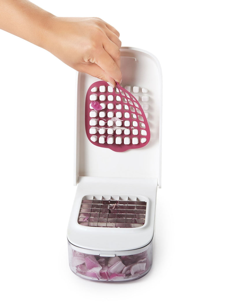 Oxo silver vegetable chopper with easy-pour opening, imported from the UK