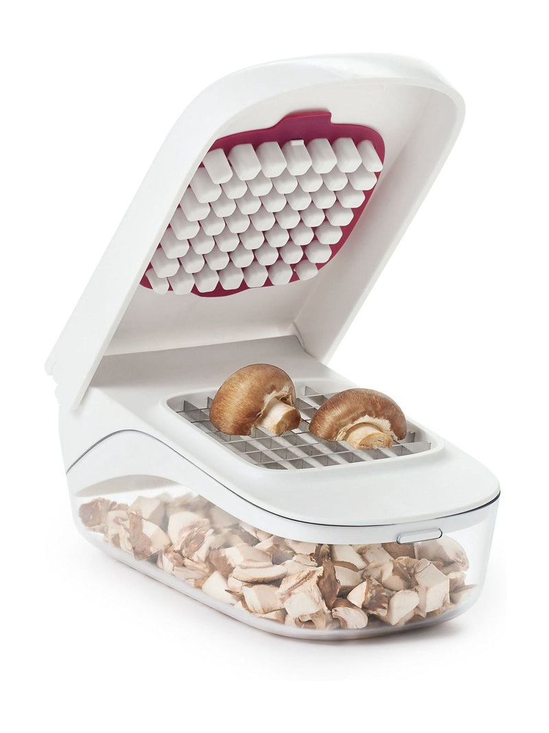 Oxo silver vegetable chopper with easy-pour opening, imported from the UK
