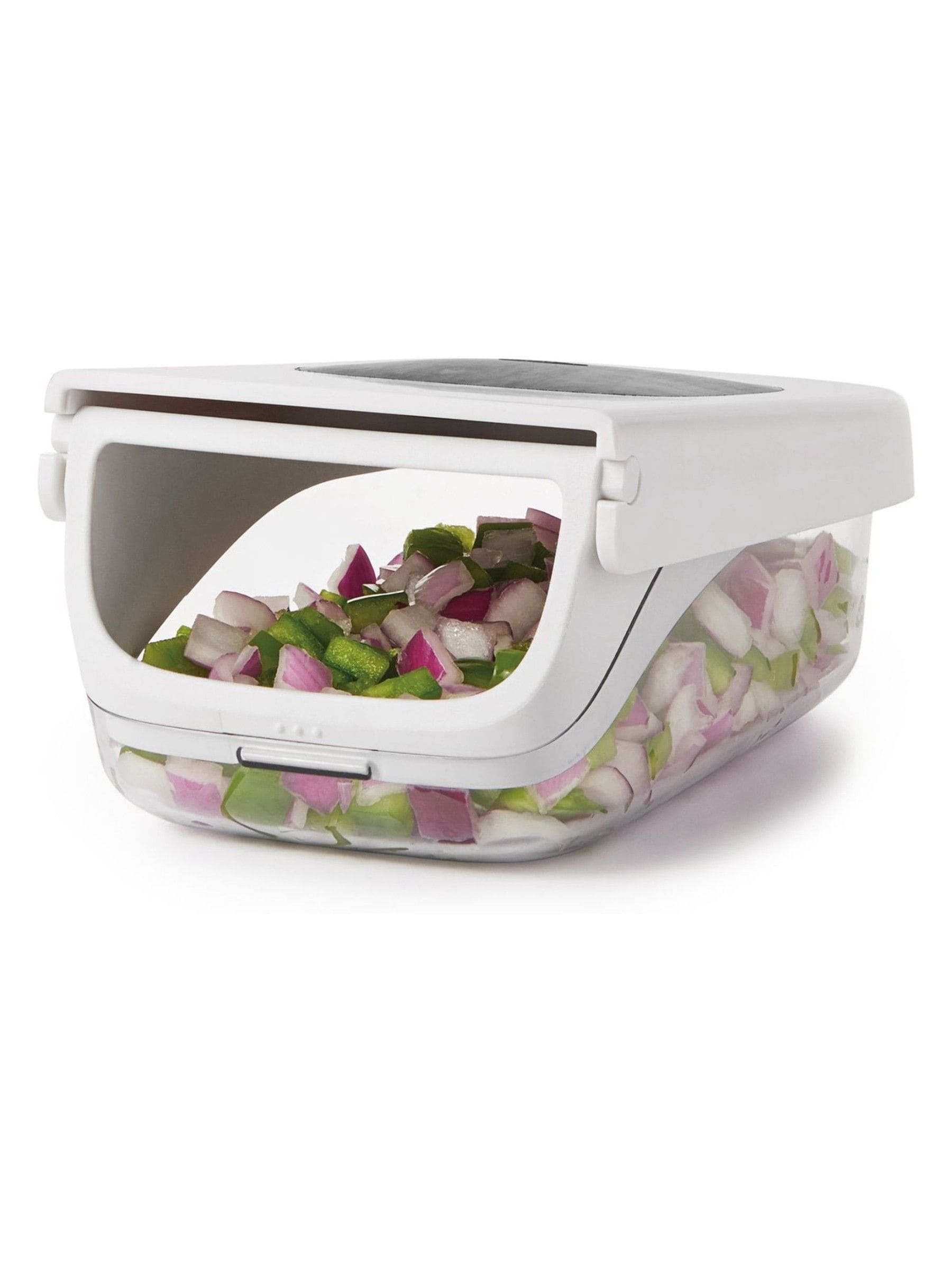 Oxo silver vegetable chopper with easy-pour opening, imported from the UK