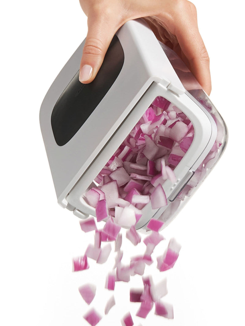 Oxo silver vegetable chopper with easy-pour opening, imported from the UK