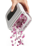 Oxo silver vegetable chopper with easy-pour opening, imported from the UK