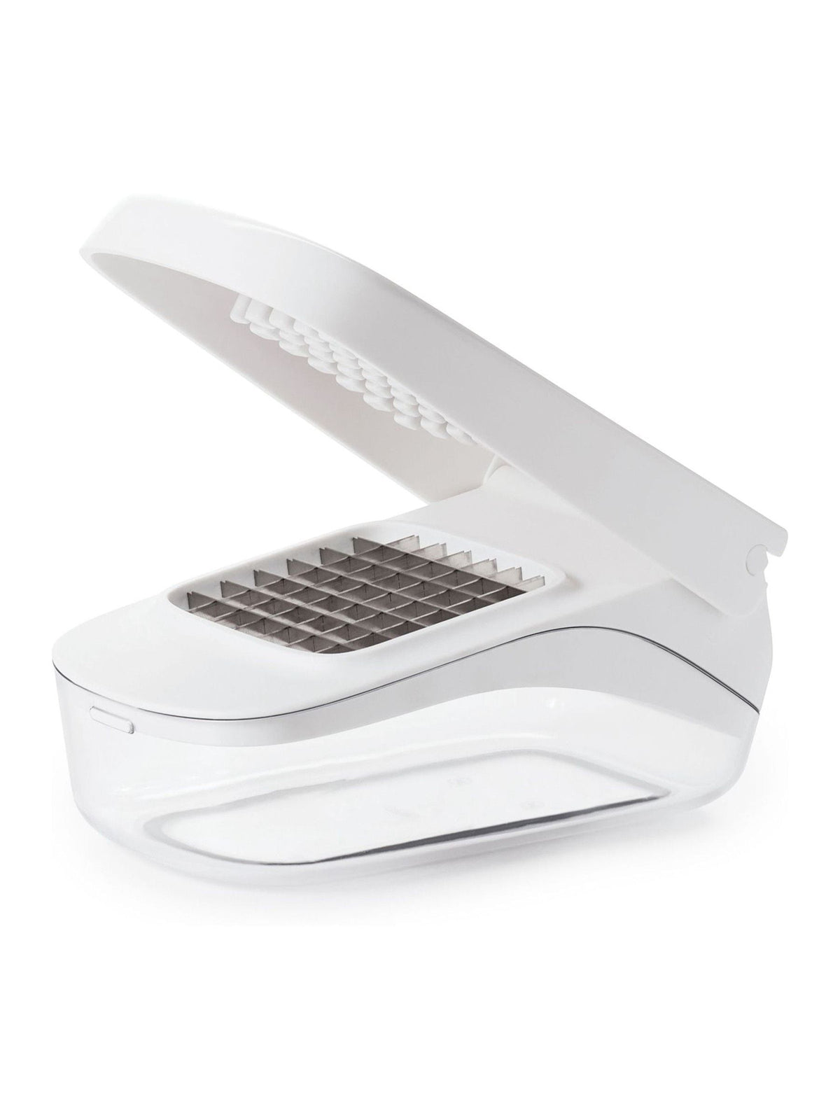 Oxo silver vegetable chopper with easy-pour opening, imported from the UK