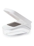 Oxo silver vegetable chopper with easy-pour opening, imported from the UK