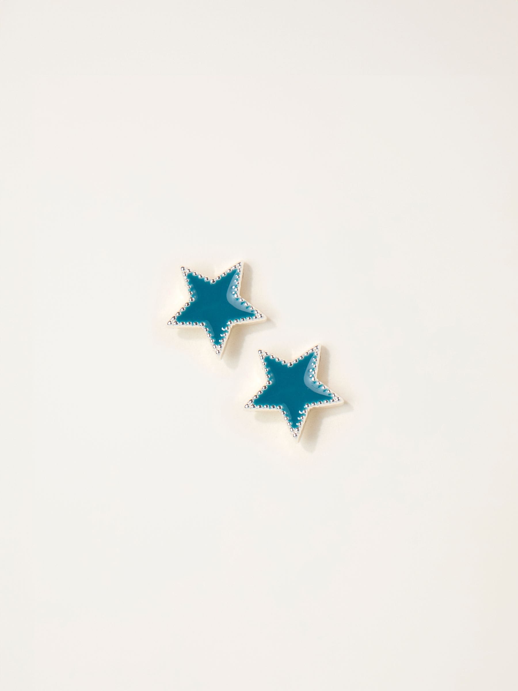 Teal Blue Enamel Star Stud Earrings