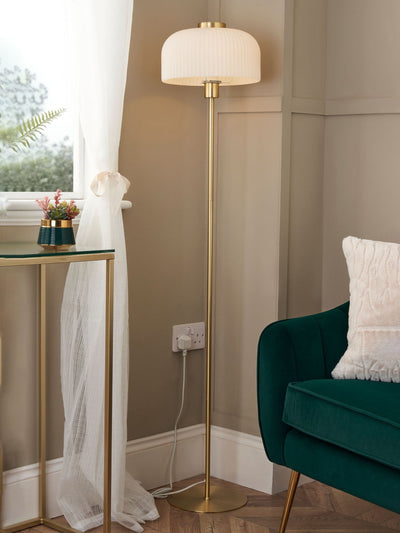 Next BHS Opal Glass Ribbed Floor Lamp in Opal & Brass - 145cm Tall- Buy online at McGrocer