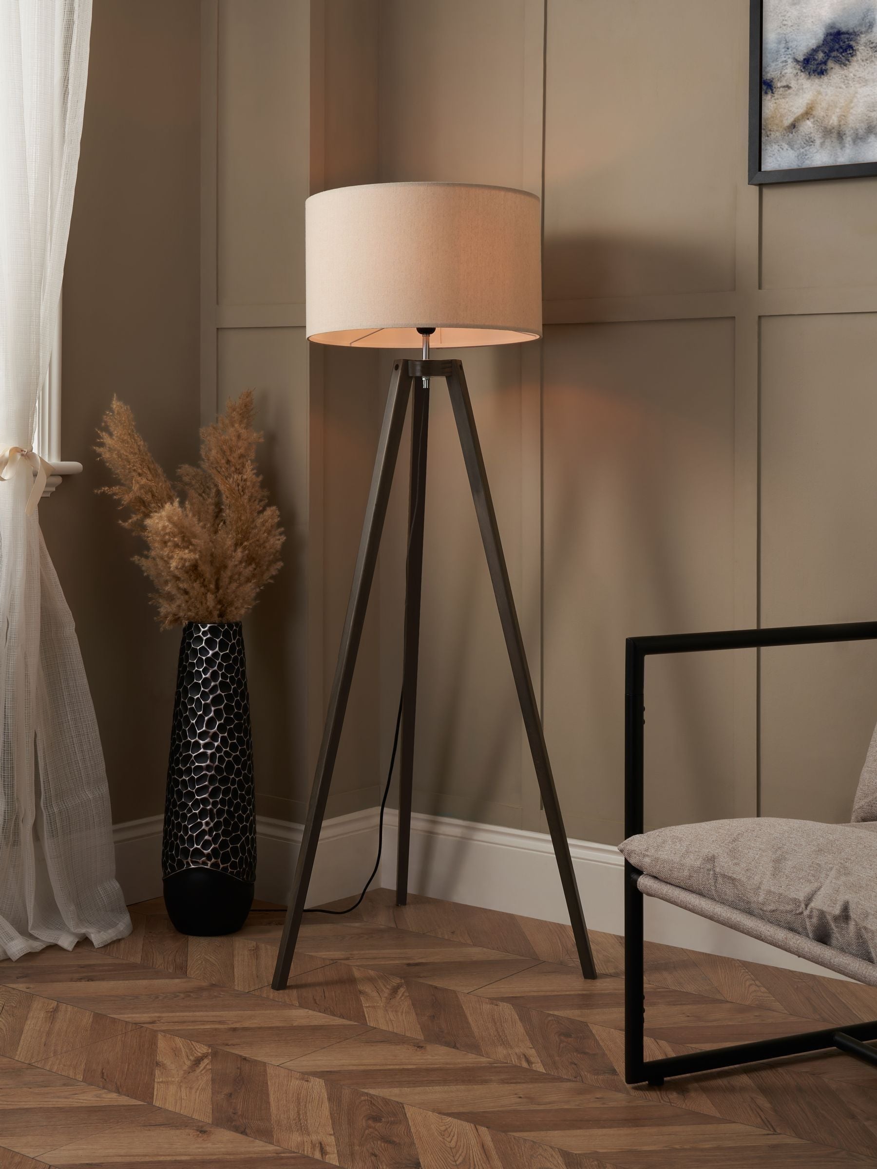BHS dark walnut wooden tripod floor lamp 130cm, UK version