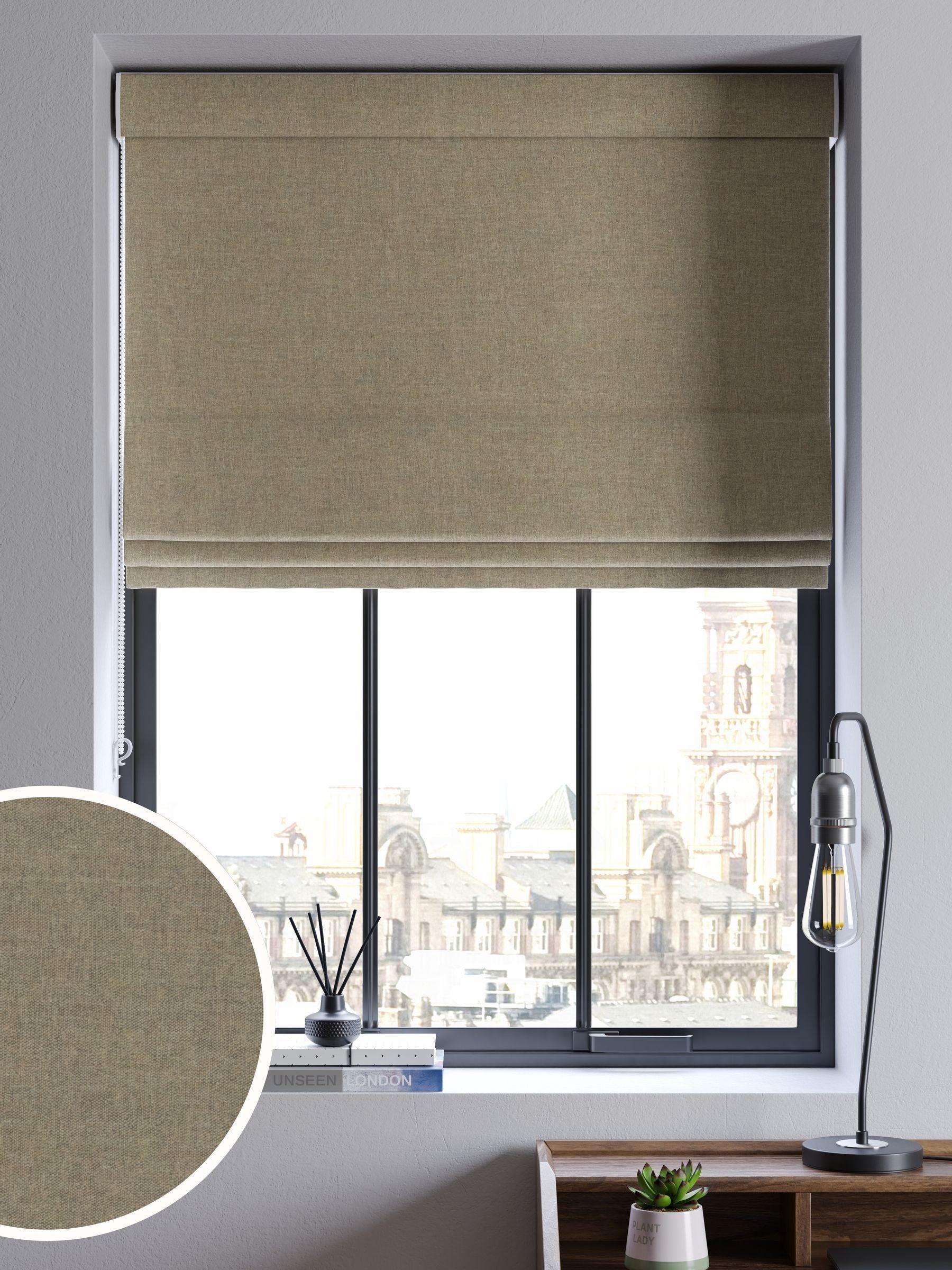 Khaki green matte chenille roman blind, imported from the UK