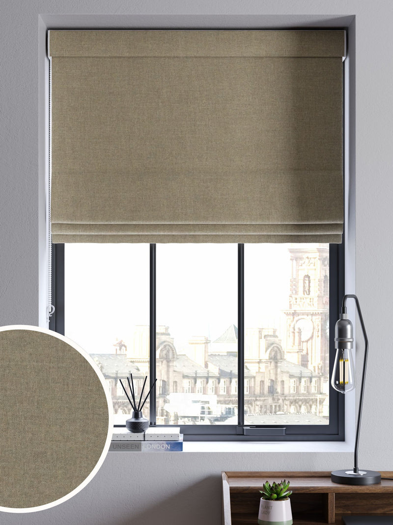 Khaki green matte chenille roman blind, imported from the UK