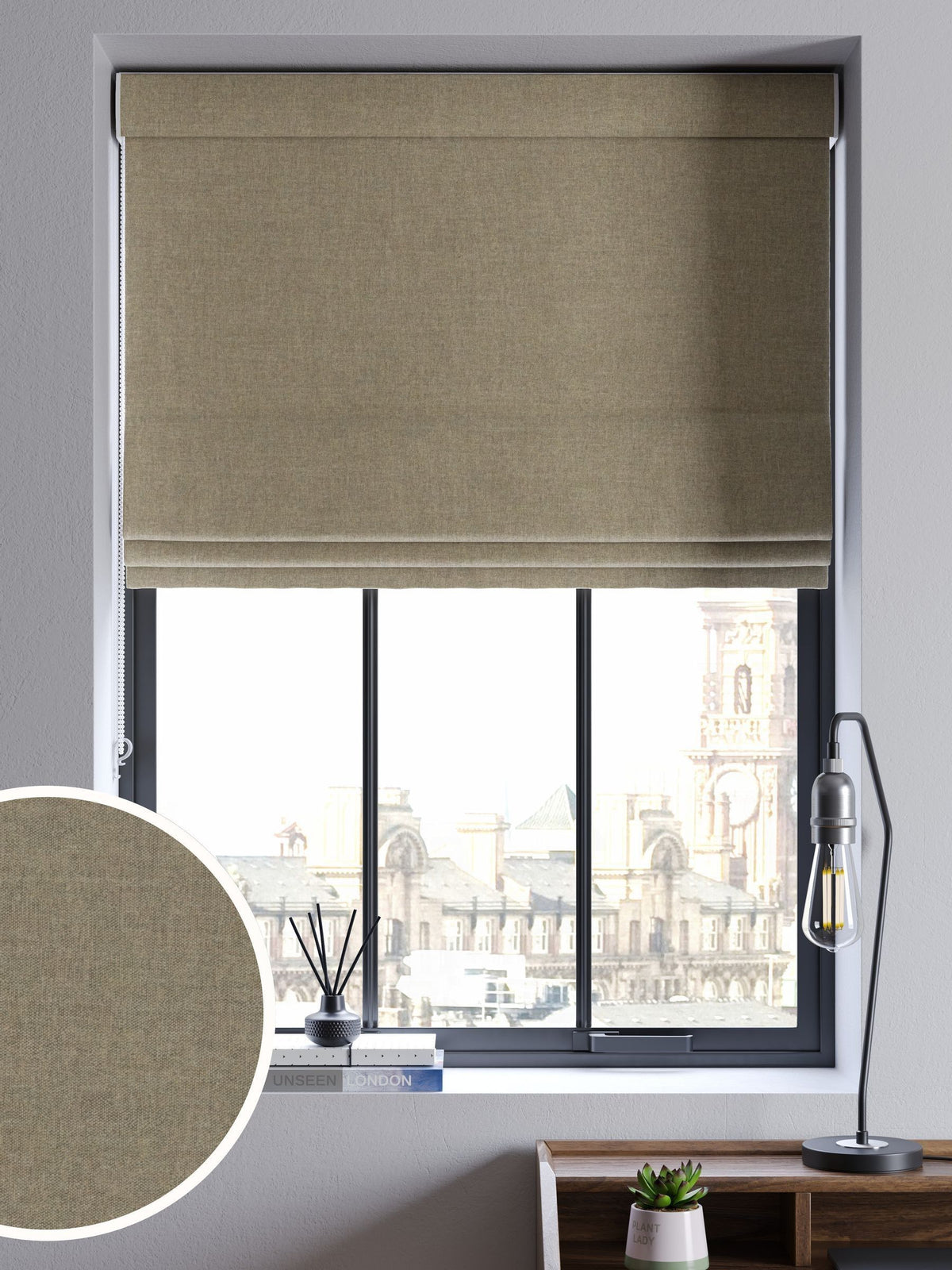 Khaki green matte chenille roman blind, imported from the UK