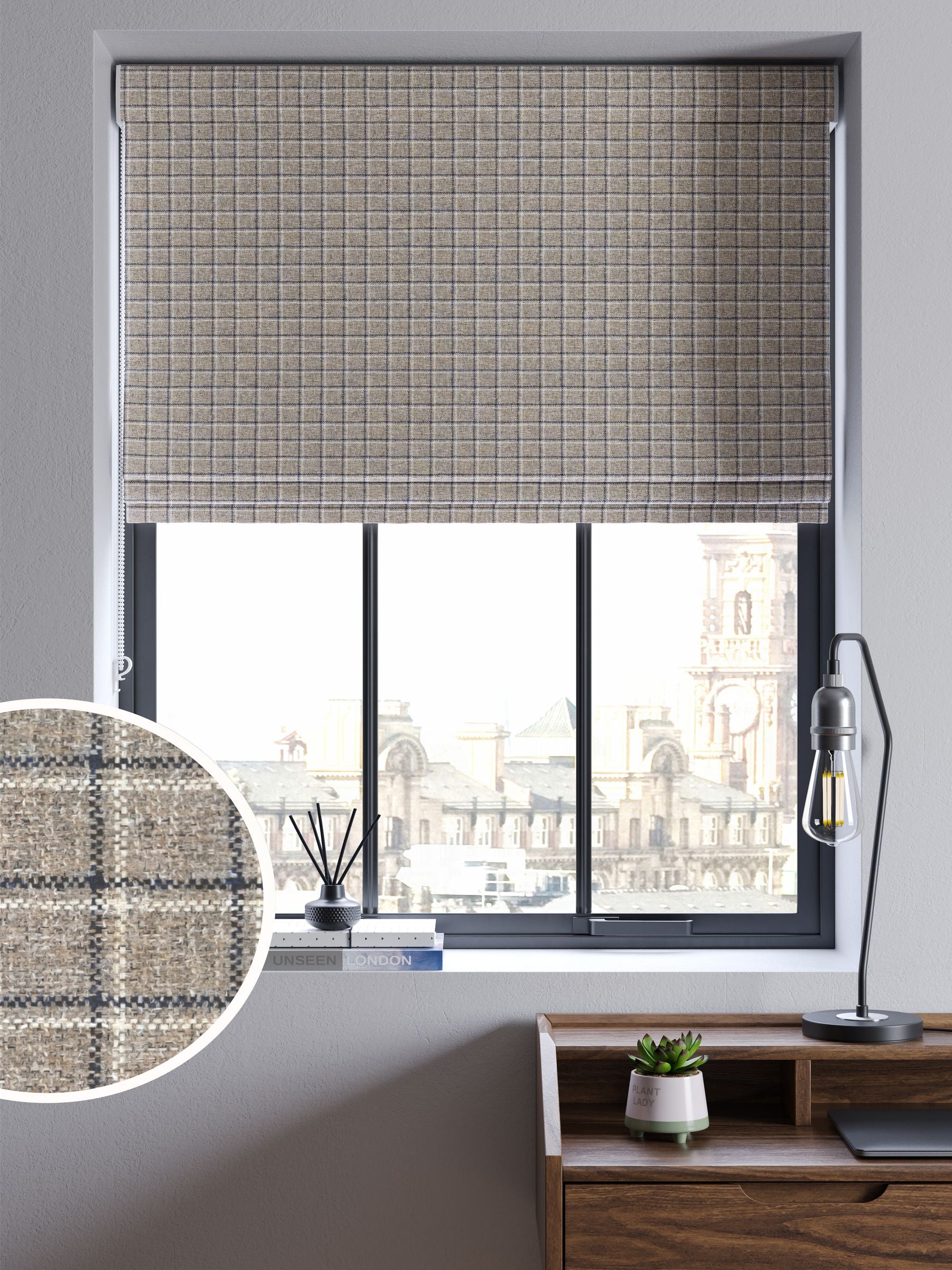 Grey Simplicity Check made to measure Roman blind (British brand)