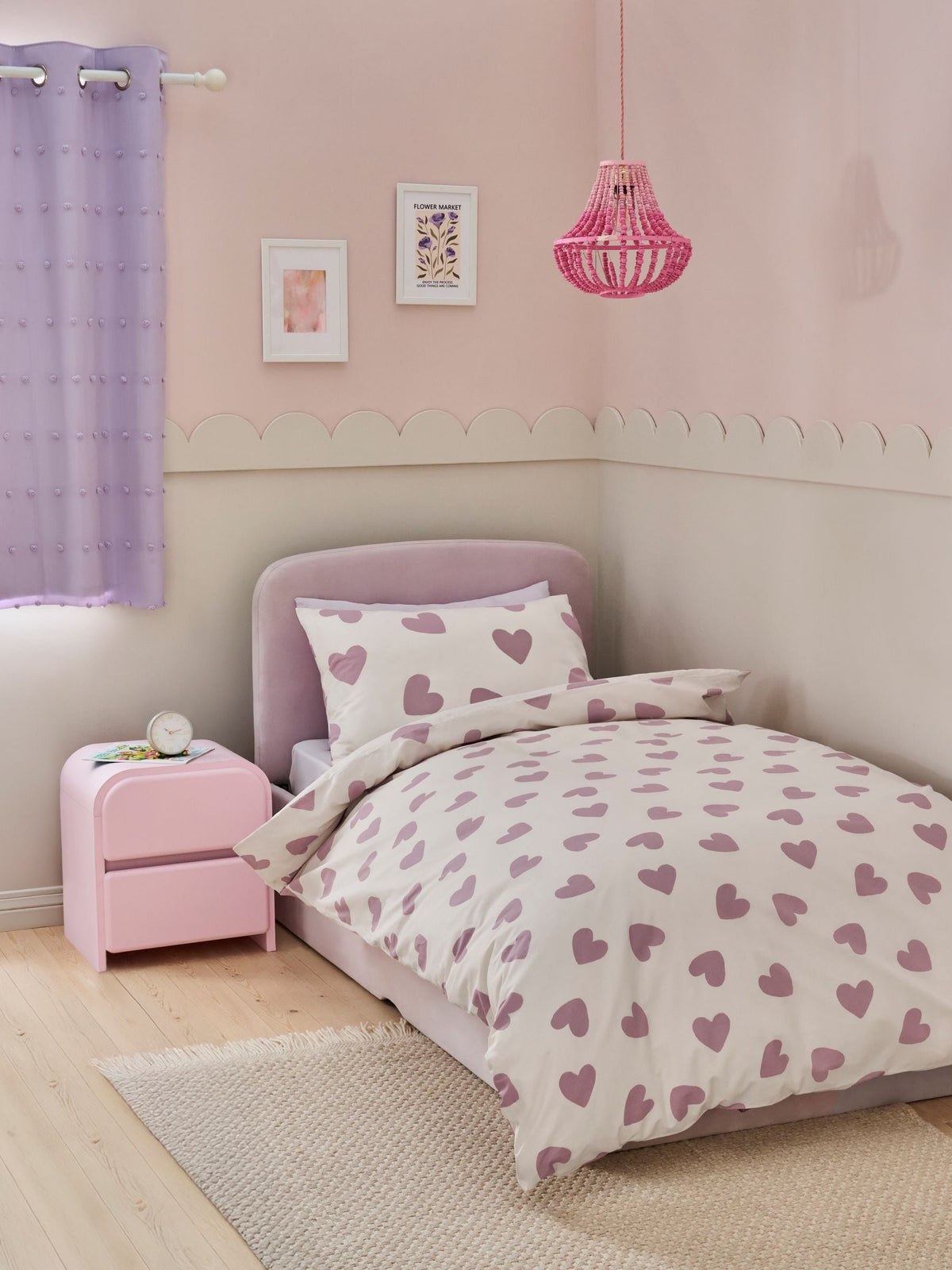 White purple hearts duvet cover and pillowcase set (British brand)