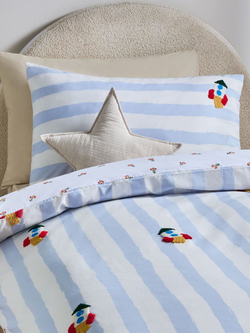 Blue/White tufted rocket duvet cover and pillowcase set - British product