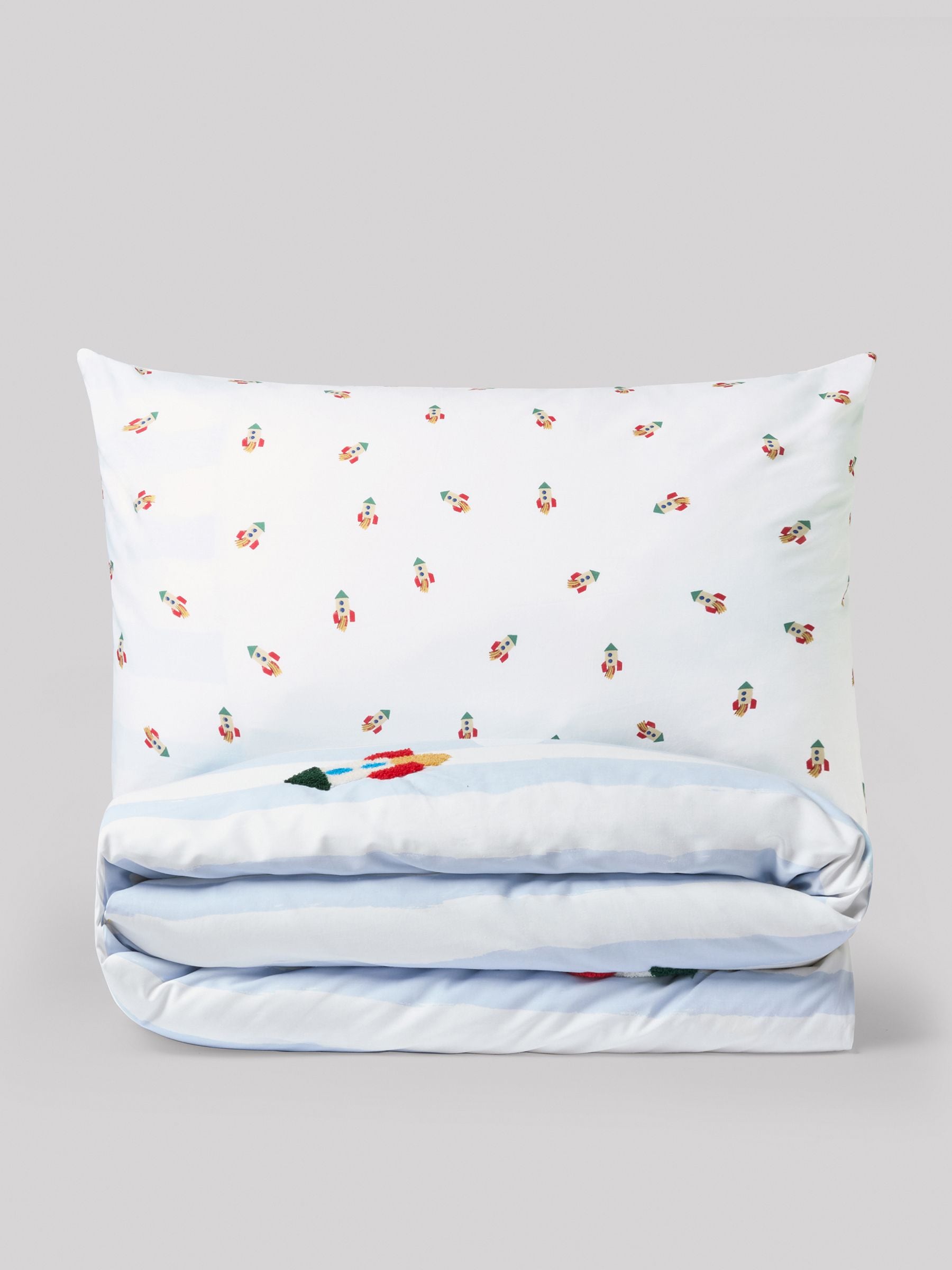 Blue/White tufted rocket duvet cover and pillowcase set - British product