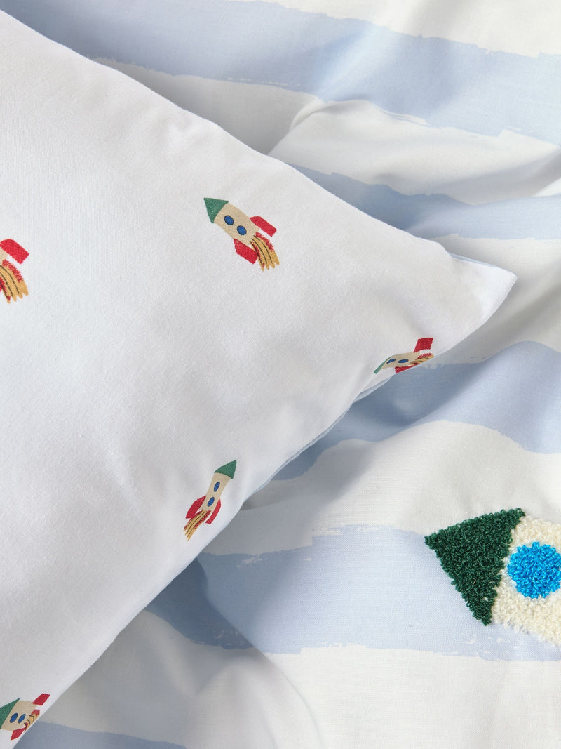 Blue/White tufted rocket duvet cover and pillowcase set - British product