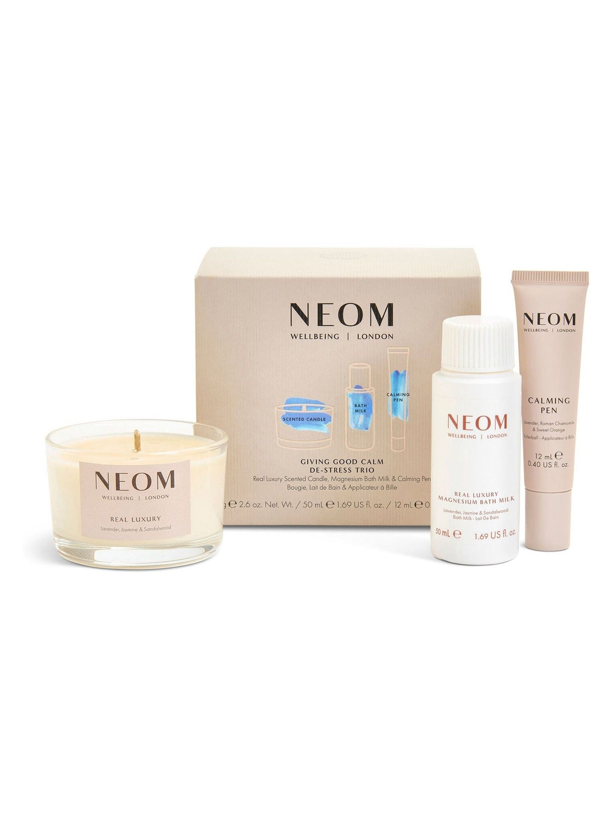NEOM Calm DeStress Trio calming gift set, imported from the UK
