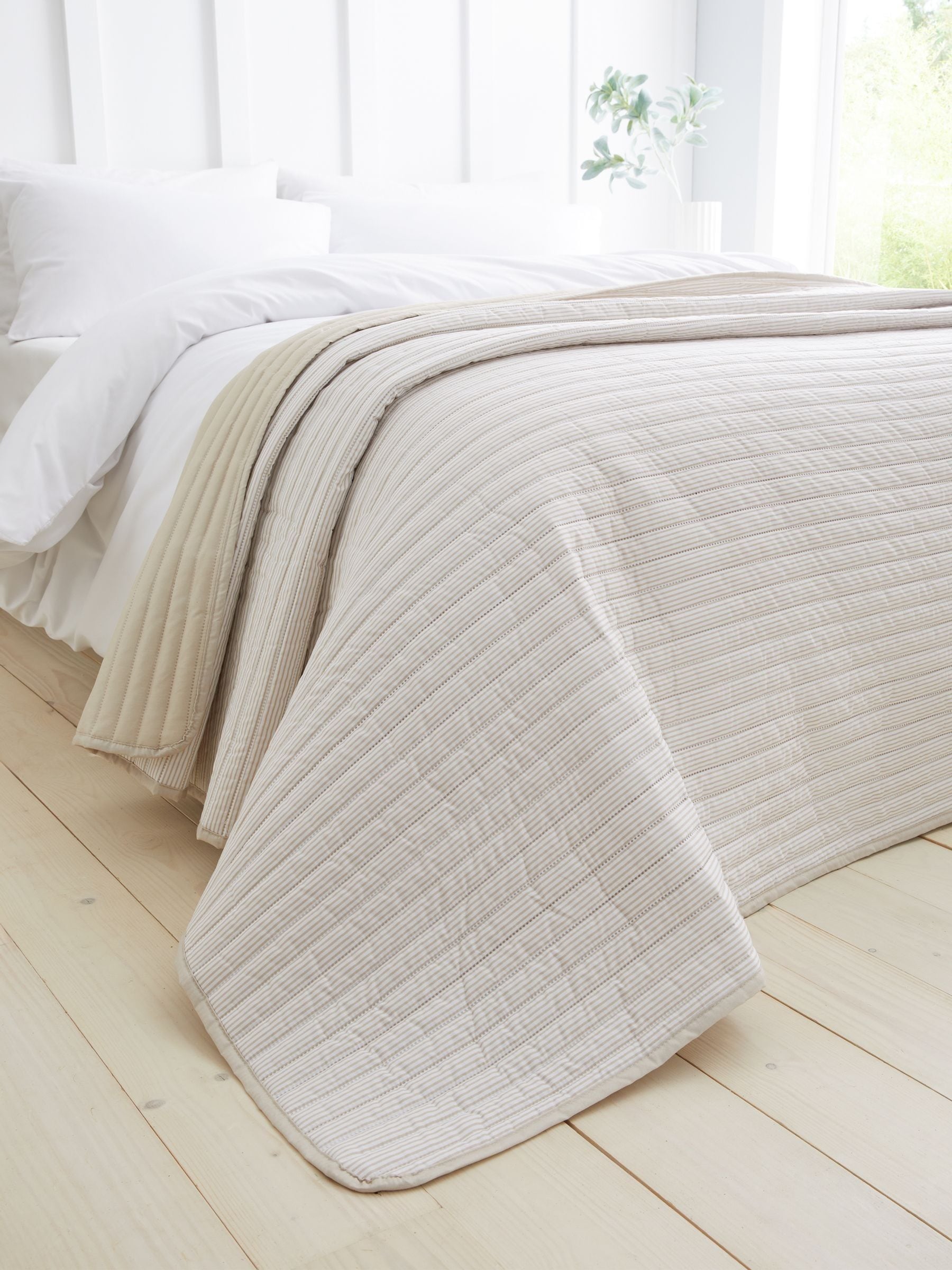 Catherine Lansfield Chambray Blue Stripe Quilted Reversible Bedspread - 220x230cm