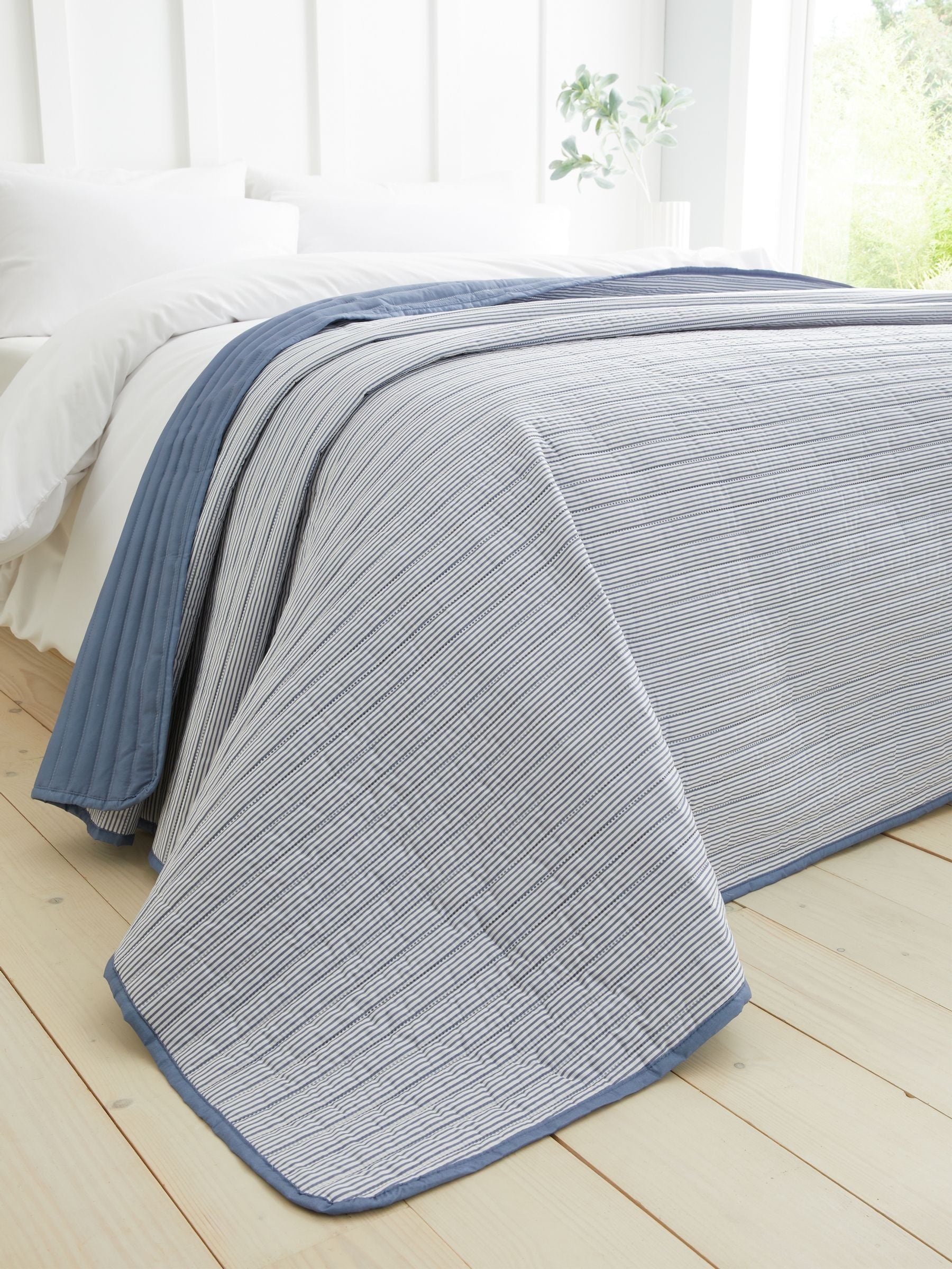 Catherine Lansfield chambray blue stripe quilted reversible bedspread 220x230cm (British brand)