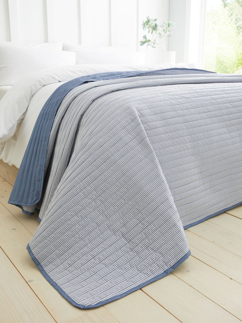 Catherine Lansfield chambray blue stripe quilted reversible bedspread 220x230cm (British brand)