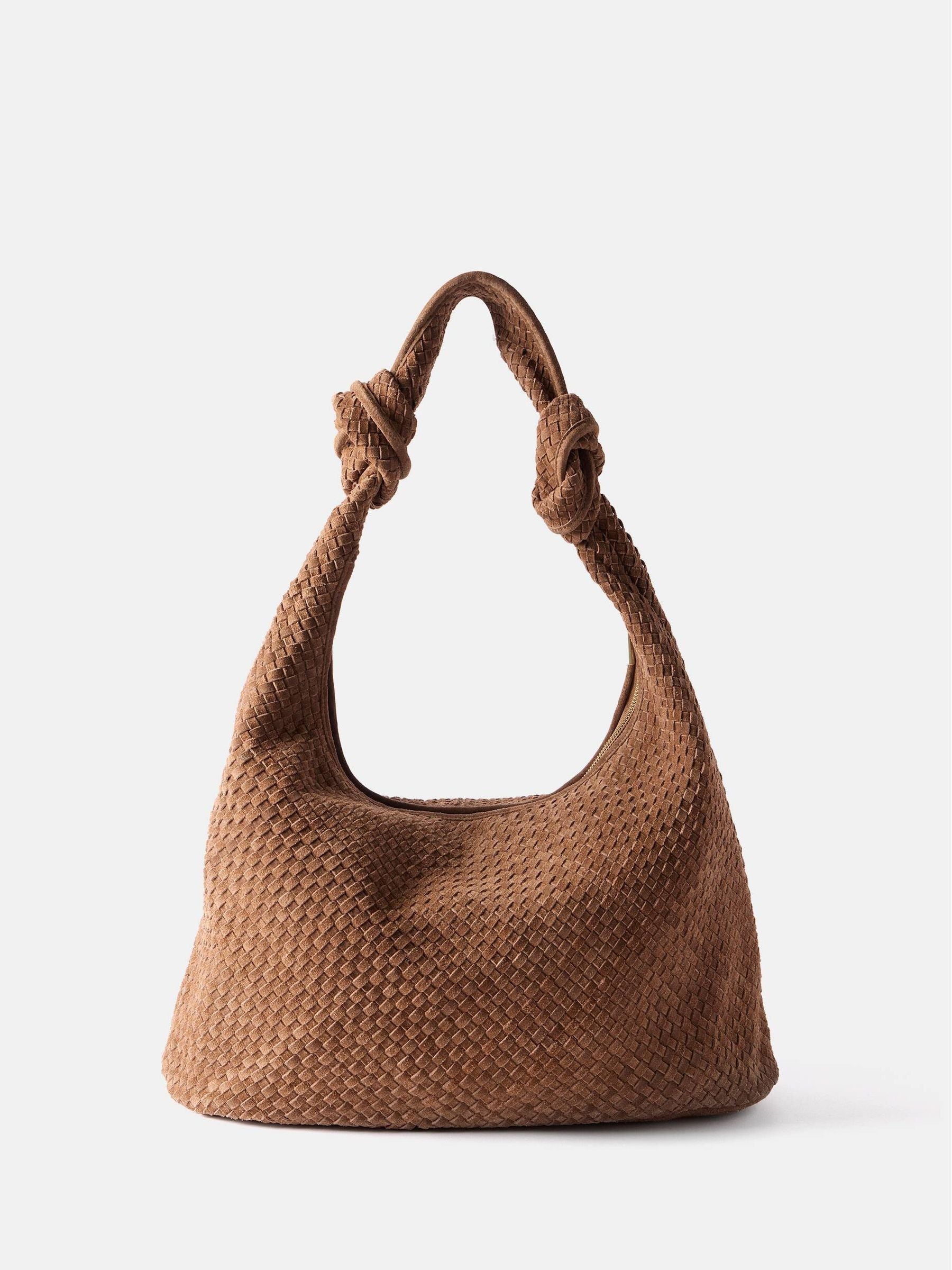Mint Velvet brown woven knot handle bag, UK version