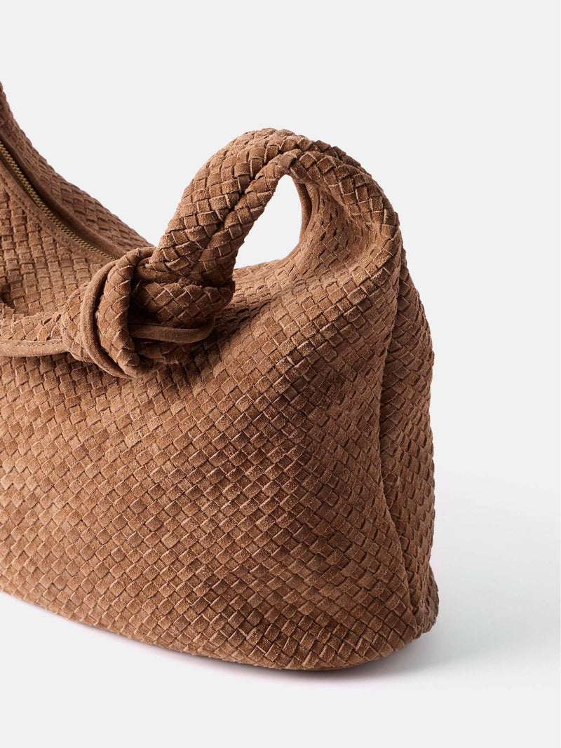 Mint Velvet brown woven knot handle bag, UK version