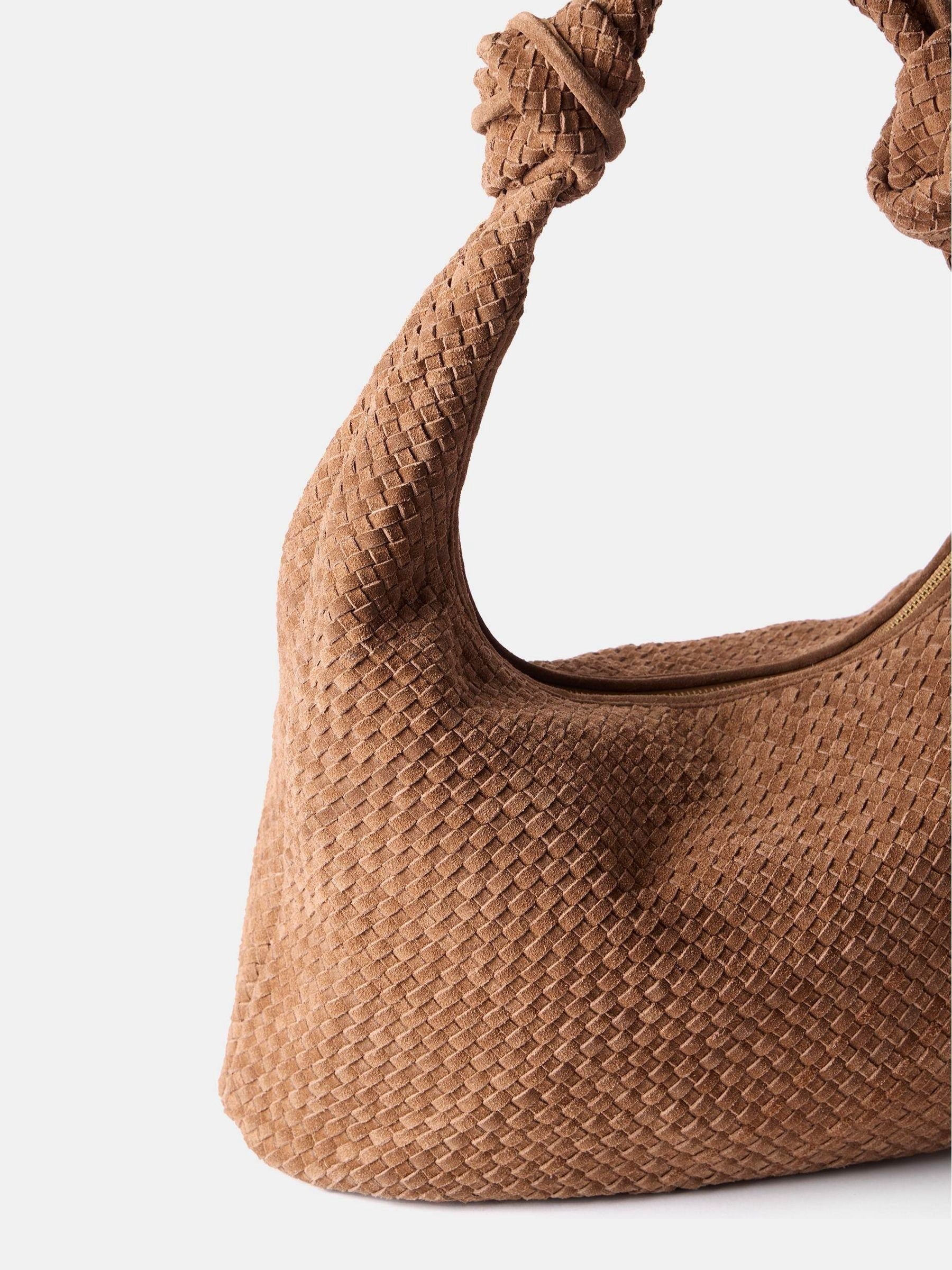 Mint Velvet brown woven knot handle bag, UK version