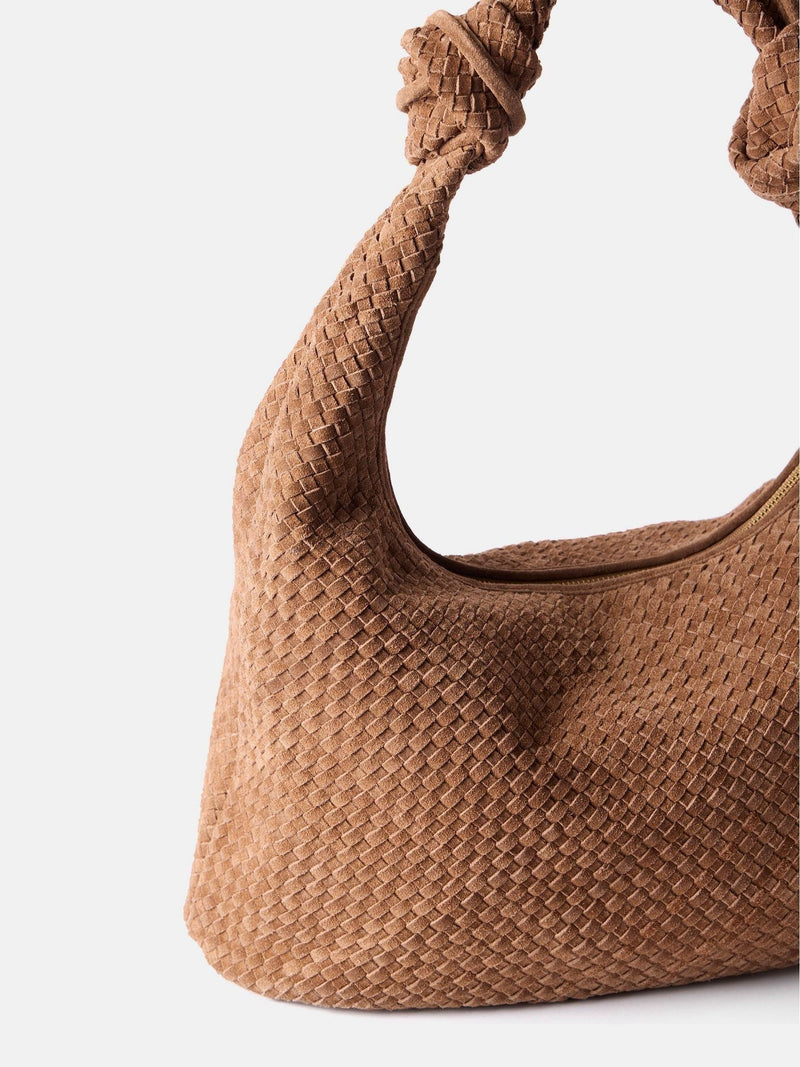Mint Velvet brown woven knot handle bag, UK version
