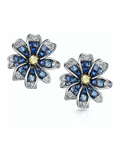 Next White Gold Flower Earrings with Blue and Yellow Sapphires and Diamonds- Buy online at McGrocer