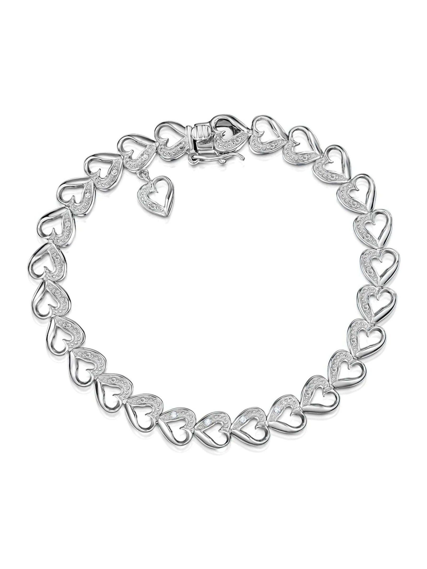 Sterling Silver Linked Heart Bracelet with Diamonds 18.5cm Length