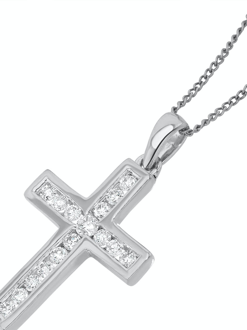 Lab Diamond Cross Pendant Necklace in 9K White Gold with Silver Chain, 0.25ct H/Si