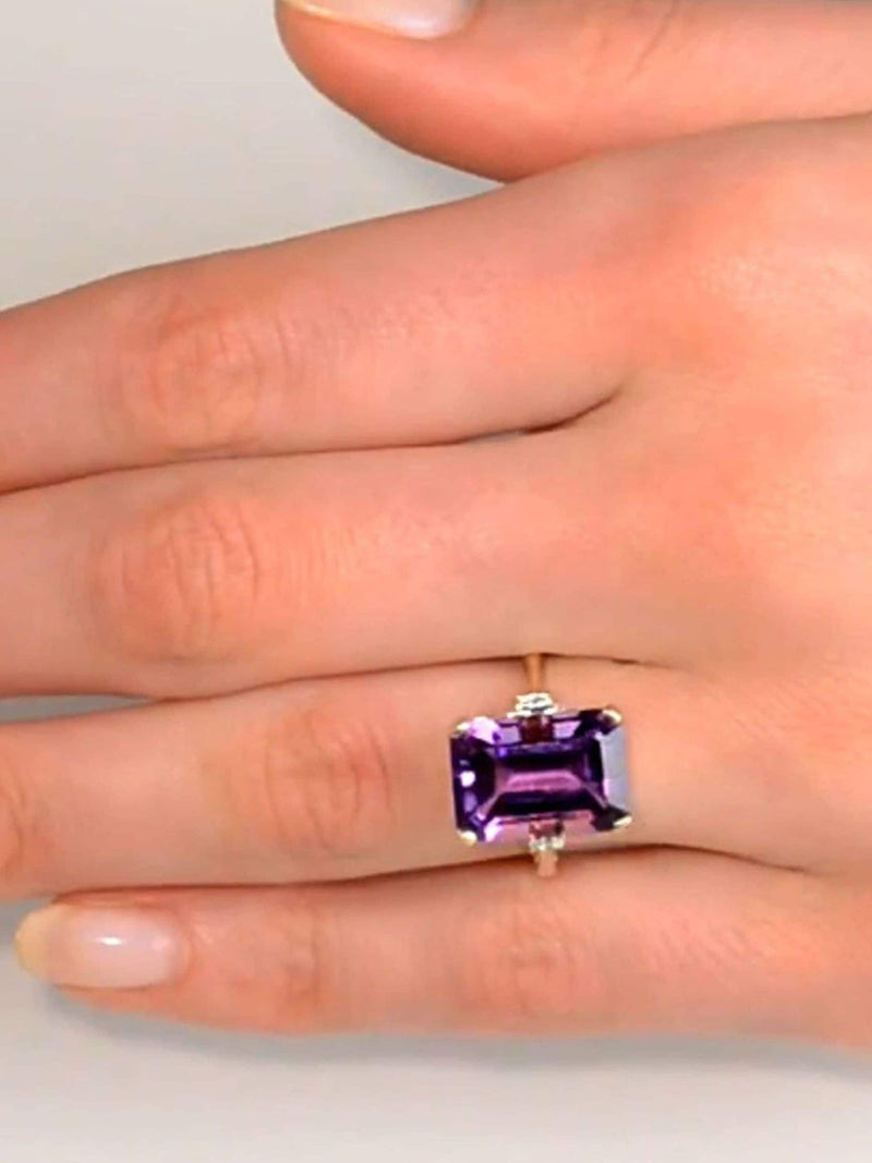 The Diamond Store yellow gold ring with amethyst and diamonds 14mm width, imported from the UK