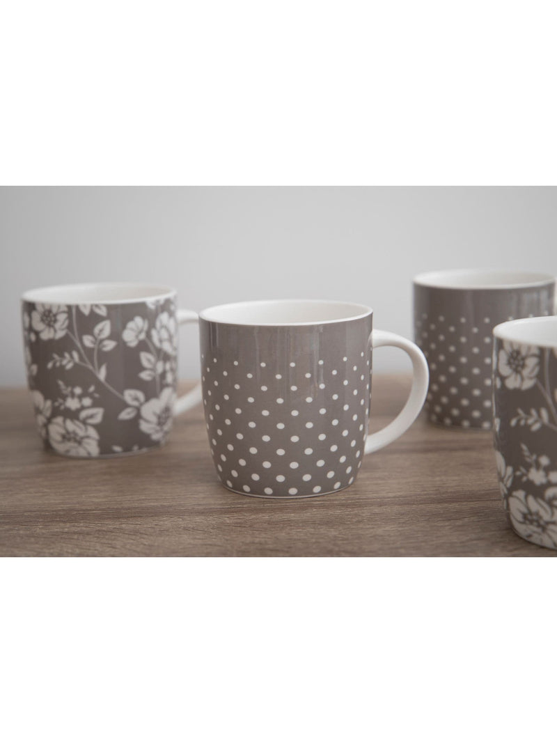 Kitchencraft grey floral polka dot ceramic mugs 425ml, UK version