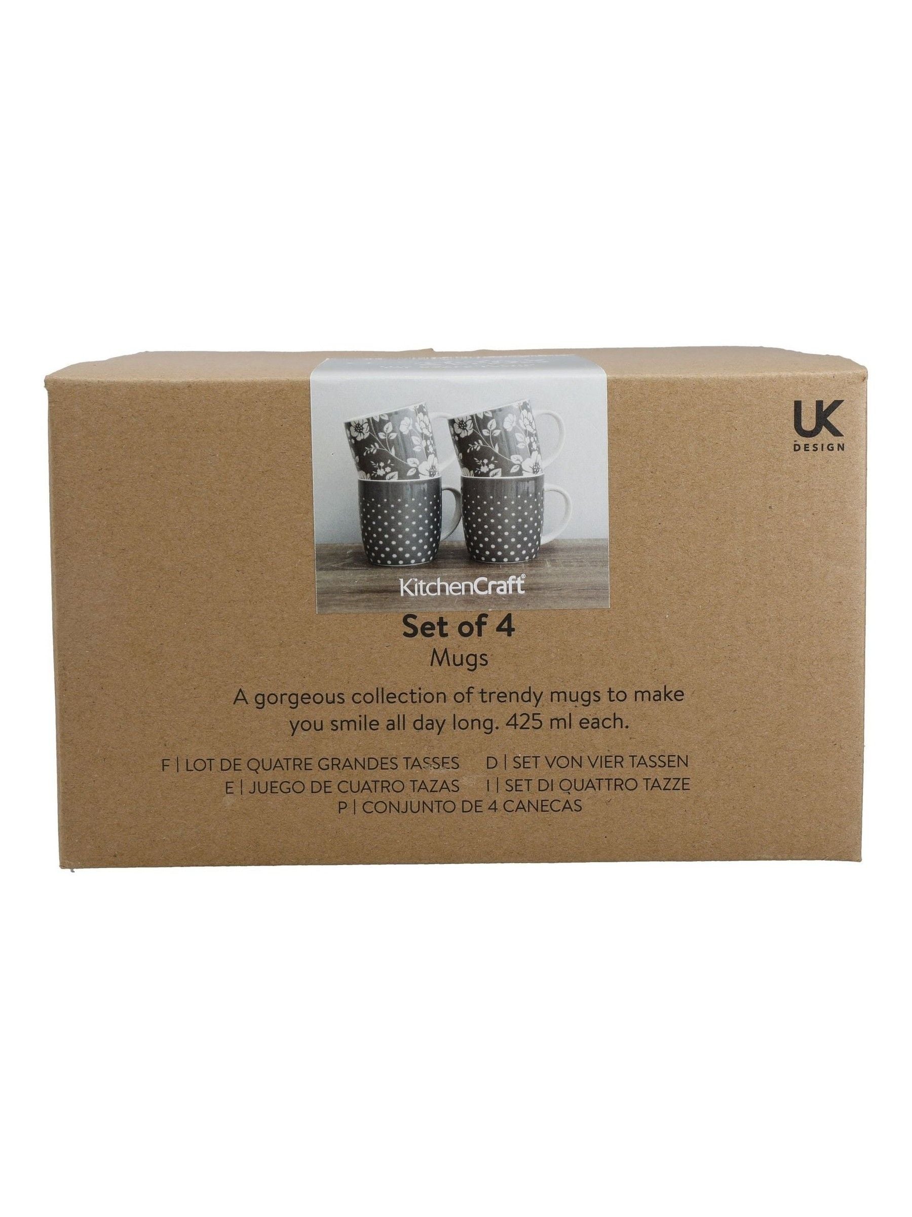 Kitchencraft grey floral polka dot ceramic mugs 425ml, UK version