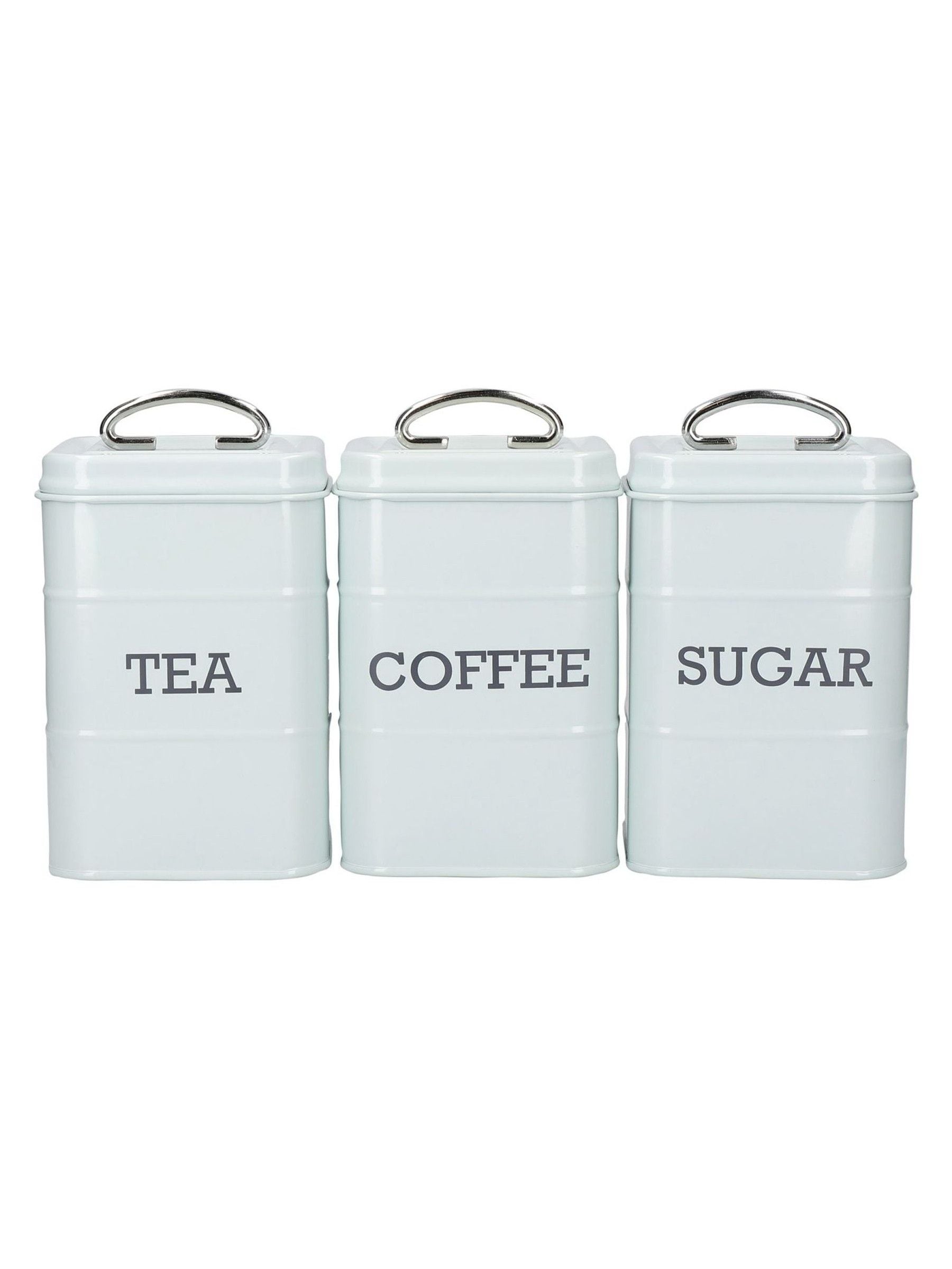 Kitchencraft blue metal tea, coffee, and sugar canisters 3-piece set, UK version