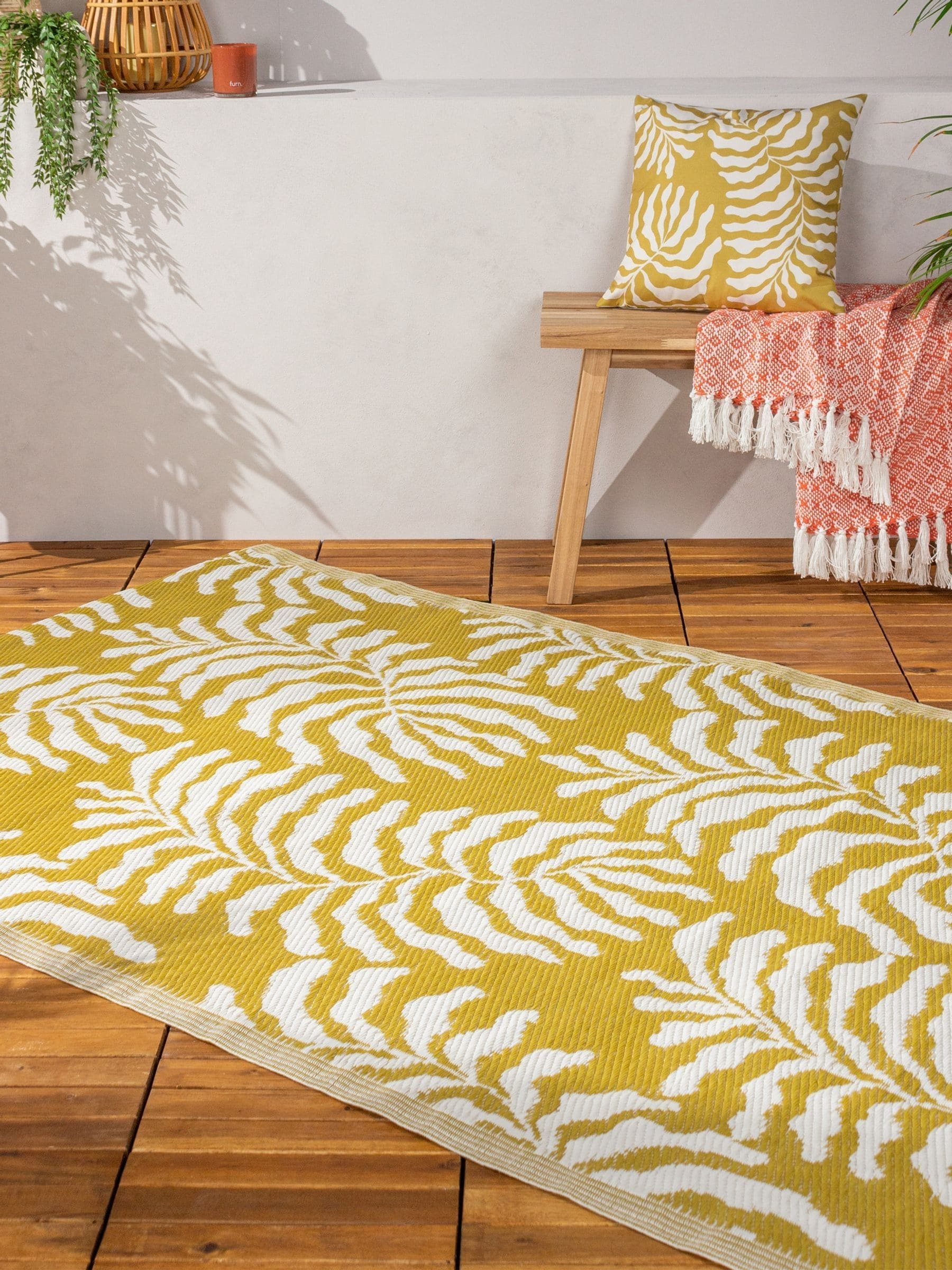 Furn Mustard Tocorico outdoor rug reversible leaf pattern (British brand)