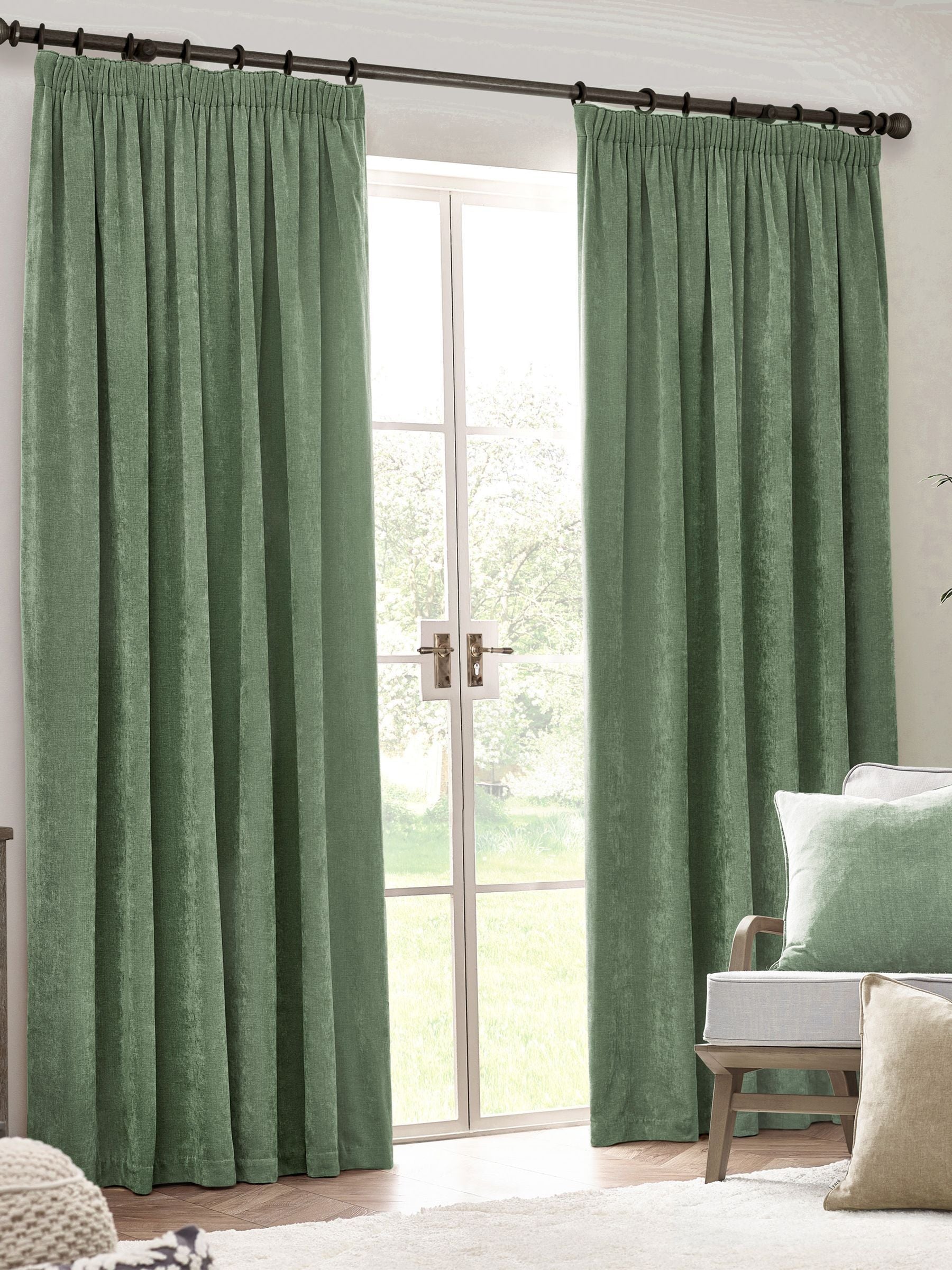 Yard Eucalyptus Green Heavy Chenille Lined Pencil Pleat Curtains