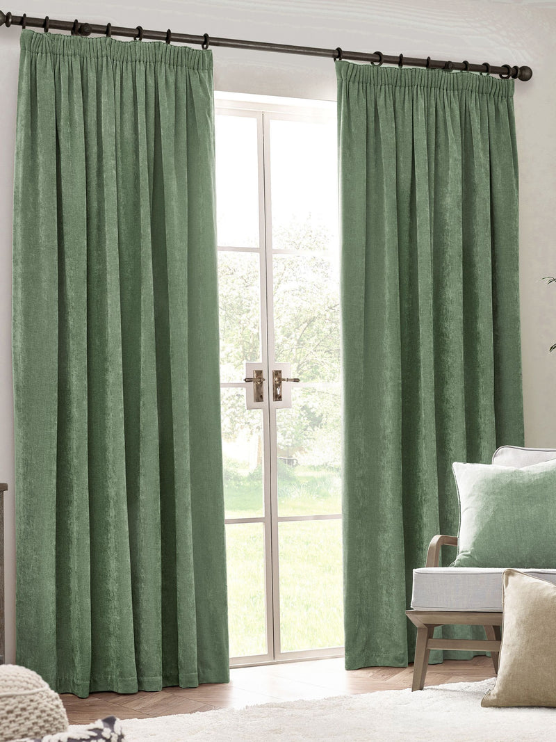 Yard Eucalyptus Green Heavy Chenille Lined Pencil Pleat Curtains