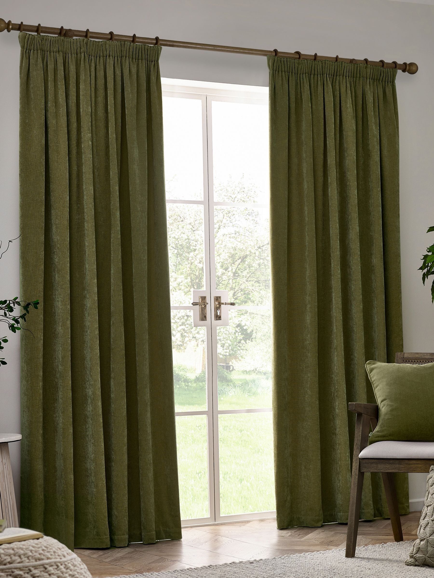 Yard Olive Green Heavy Chenille Lined Pencil Pleat Curtains