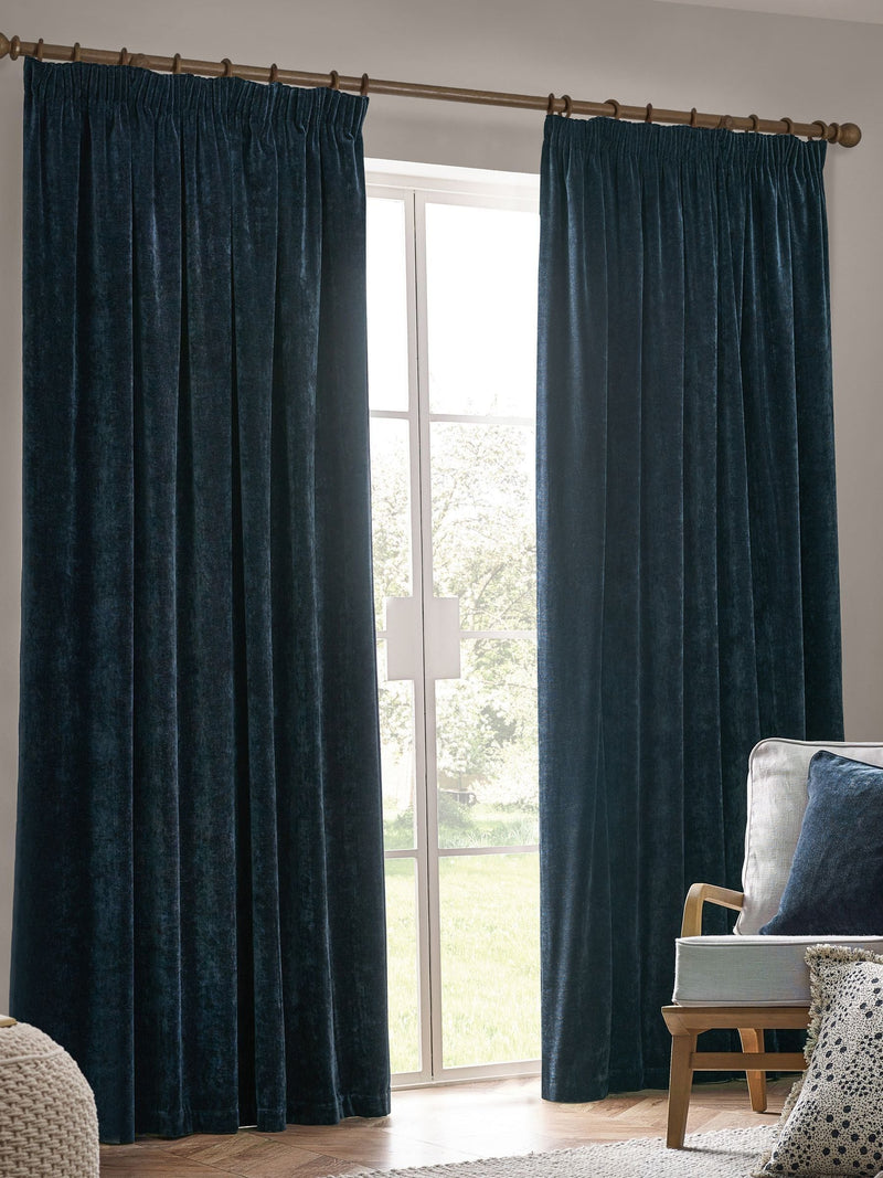 Yard Navy Blue Heavy Chenille Lined Pencil Pleat Curtains