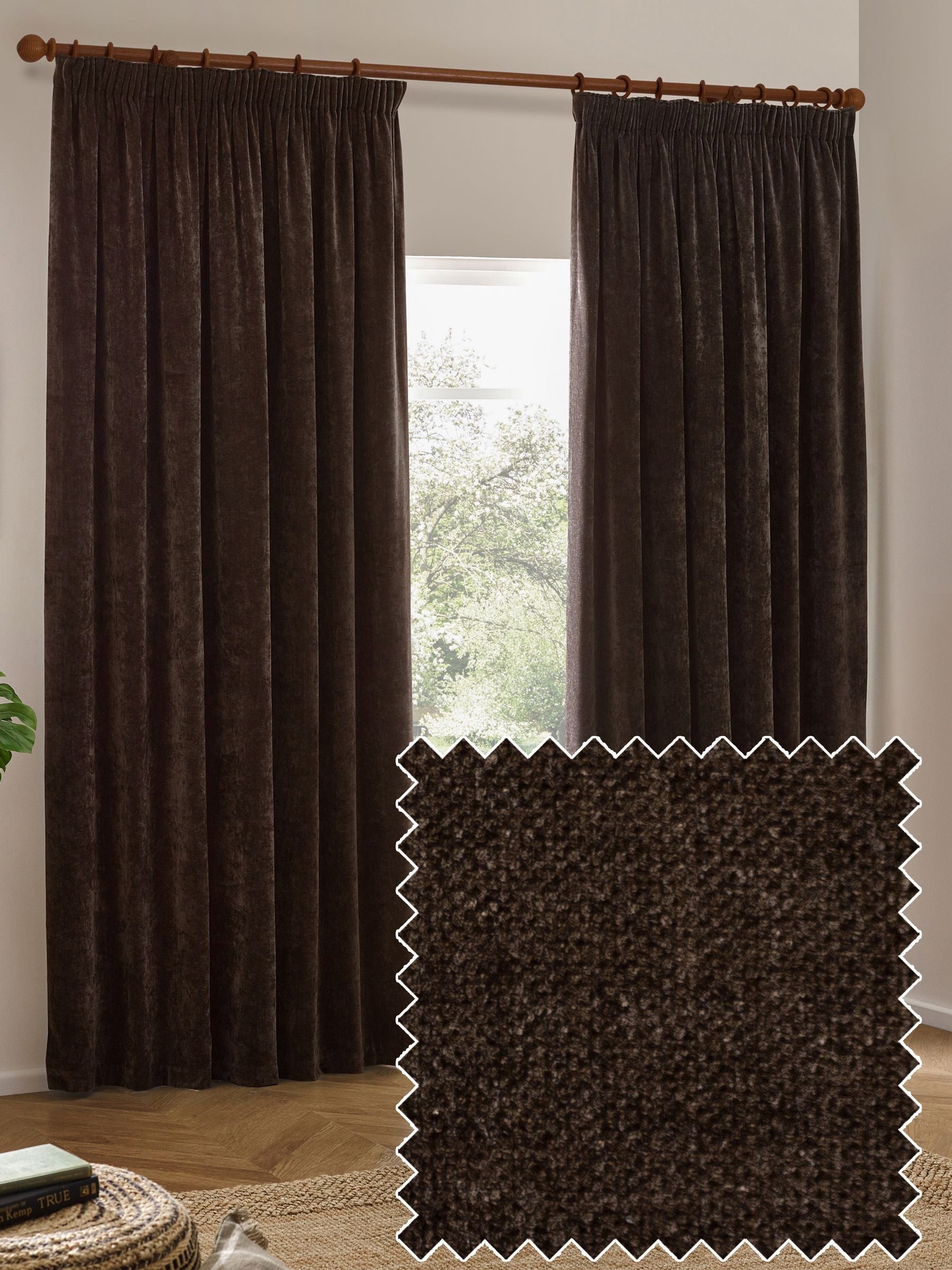 Yard brown chenille pencil pleat curtains, imported from the UK