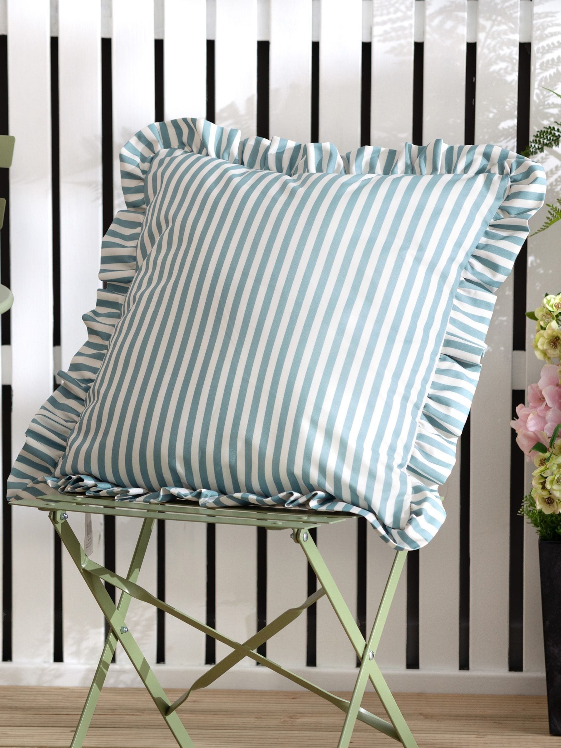 Wylder Pink Millie Ruffle Striped Outdoor Cushion 50x50