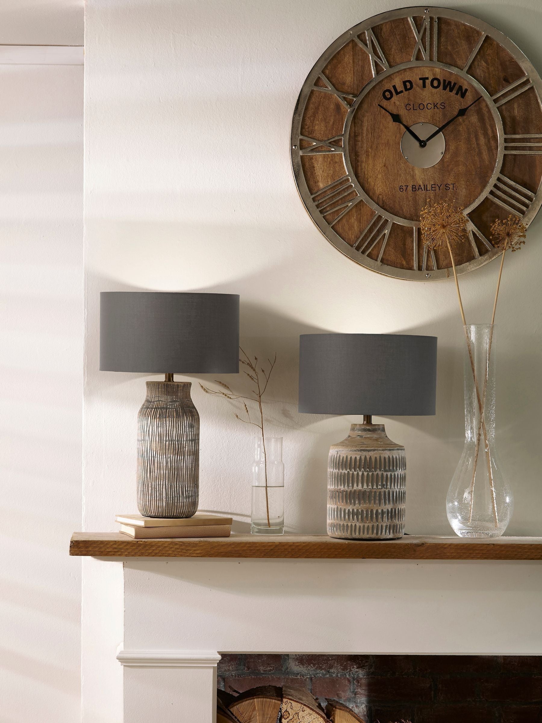 Pacific Lifestyle grey wood textured table lamp, imported from the UK