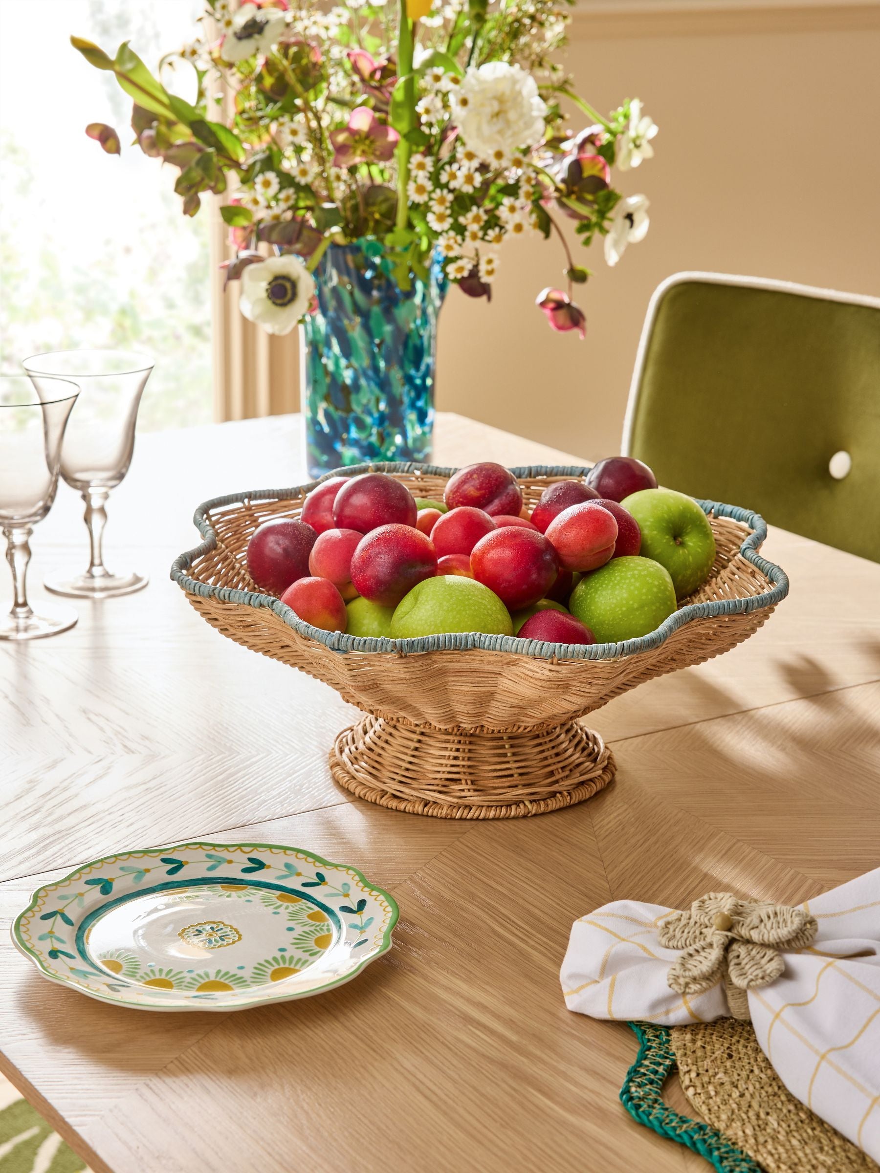 Nina Campbell natural teal rattan scalloped edge footed bowl 37.5cm, UK version
