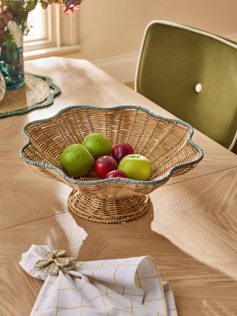 Nina Campbell natural teal rattan scalloped edge footed bowl 37.5cm, UK version