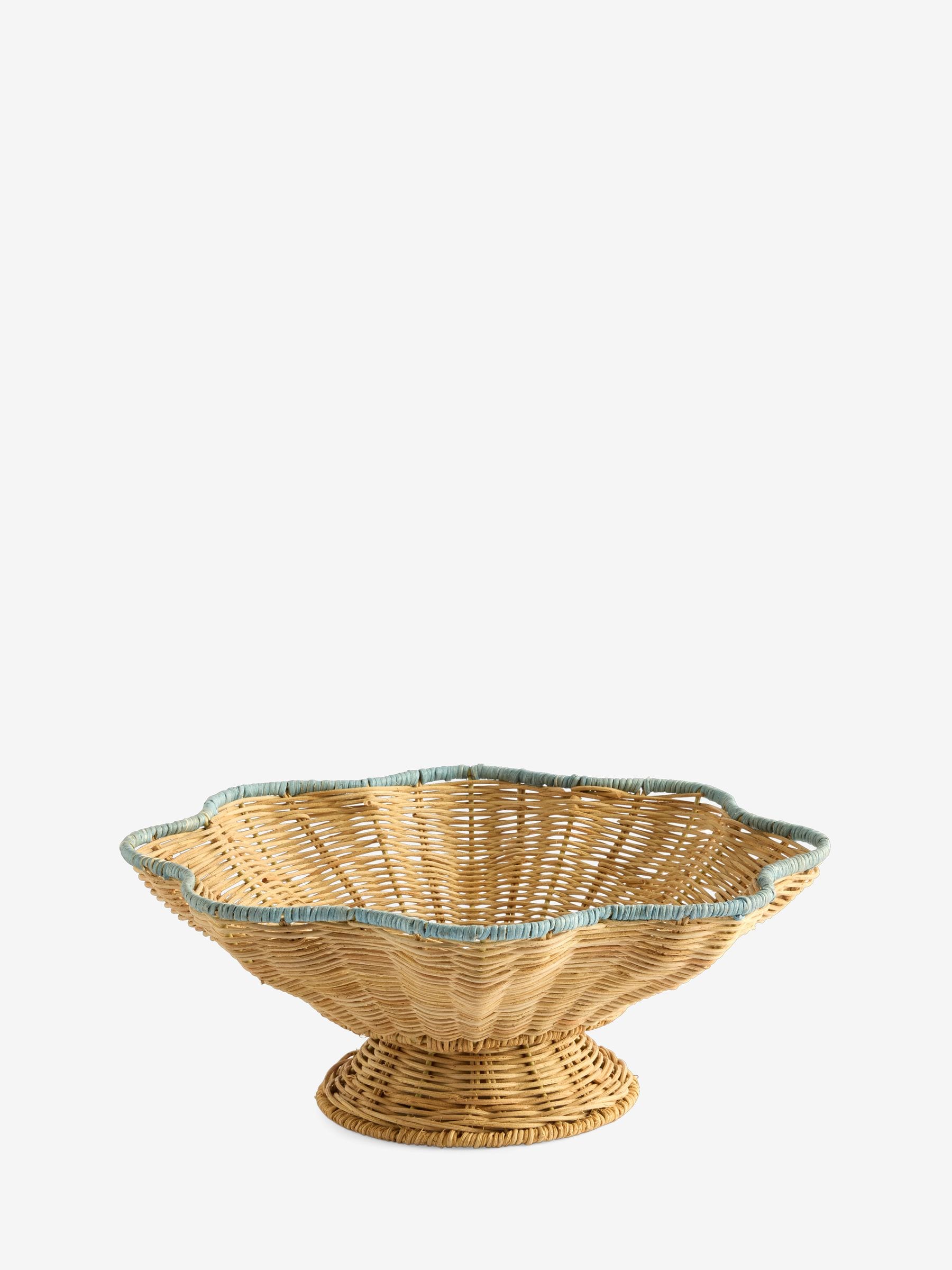 Nina Campbell natural teal rattan scalloped edge footed bowl 37.5cm, UK version