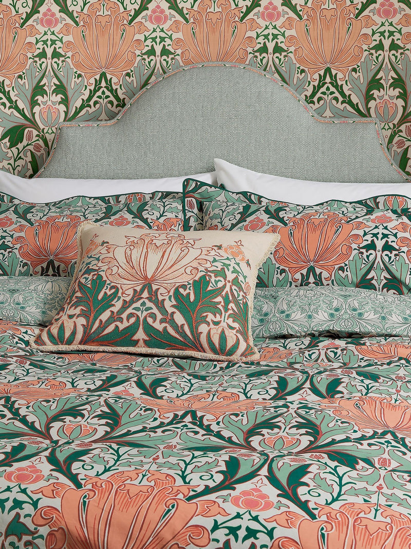 Morris & Co Peach Teal Helena duvet cover and pillowcase set, imported from the UK
